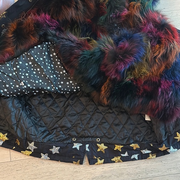 Lola + the Boys Star-Patterned Black Jacket with Colorful Fur Lining - Picture 2 of 6